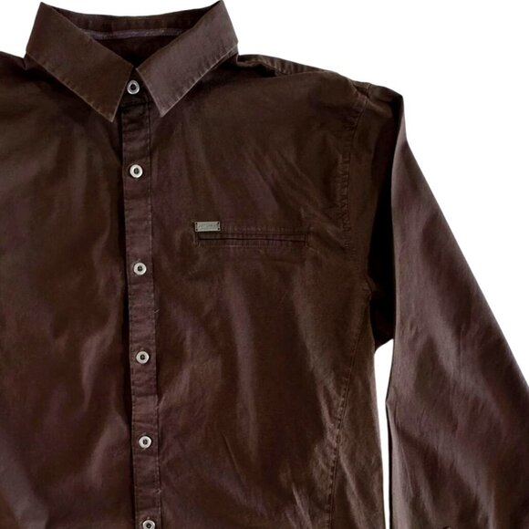 G by Guess Solid Brown Long Sleeve Button Up Dress Shirt Men's Size Large - Picture 4 of 8